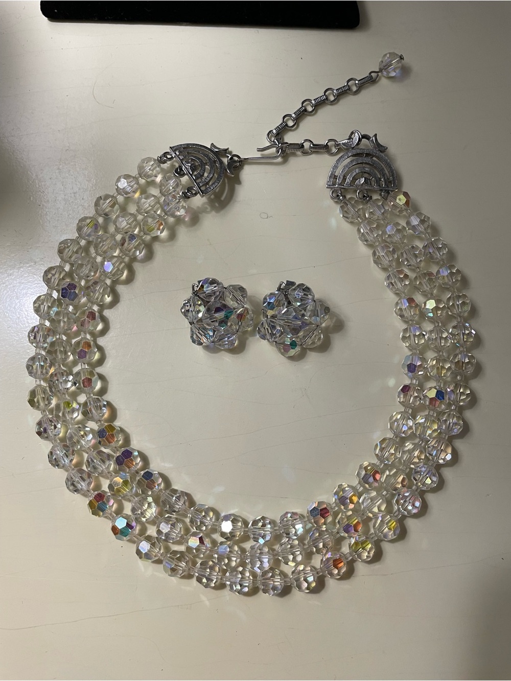 Vintage Iridescent Multi-Strand Crystal Glass Necklace with Matching Earrings